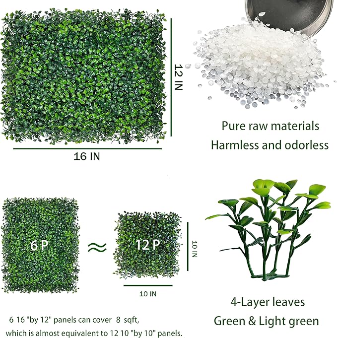 Artificial Grass Wall Panels:16" X 12" 6P (8 sqft) UV-Anti Greenery Boxwood Backdrop for Indoor Outdoor Green Wall Decor & Ivy Fence Covering Privacy
