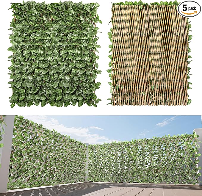 15" x 48" 5PCS Expandable Ivy Fence Privacy Screen Artificial Fences Greenery Faux Leaf Hedge Wall Decor for Balcony Wedding Backyard Indoor Outdoor, Ivy Single Side