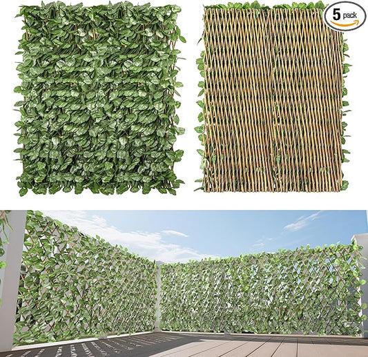 15" x 48" 5PCS Expandable Ivy Fence Privacy Screen Artificial Fences Greenery Faux Leaf Hedge Wall Decor for Balcony Wedding Backyard Indoor Outdoor, Ivy Single Side