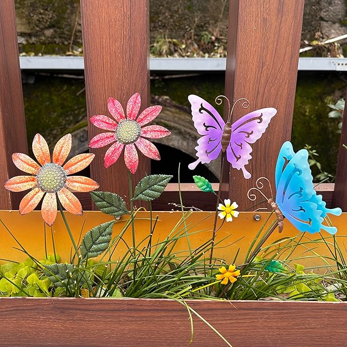 Metal Flowers for Outside, 16.15" 4-Pack Metal Colorful Butterfly & Flower Decorative Garden Stakes for Spring Garden Decor, Shaking Head Yard Art Decorations for Patio Lawn Ornaments