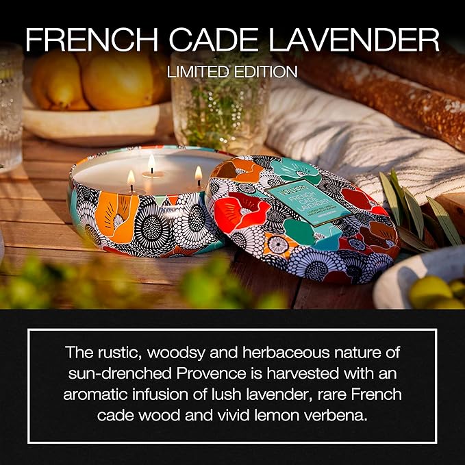 Voluspa Limited Edition French Cade Lavender 3 Wick Tin Candle, 12 oz, Coconut Wax for Clean Burning, 40 Hour Burn, Lavender Candle Handmade in The USA