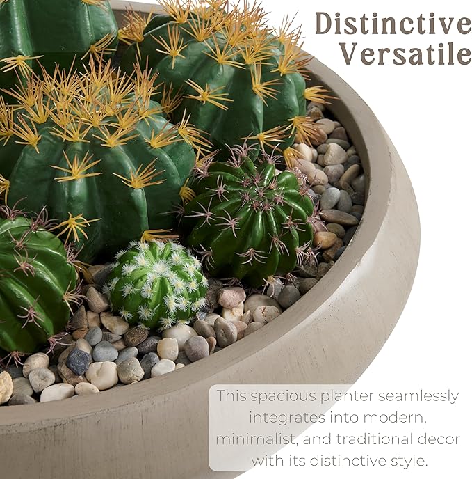 Bowl Planter 23.3" Dia x 7.9" H Succulent Pot with Drain Hole, 20.9" Opening Weathered Concrete Flowerpot for Indoor Outdoor Plants Herbs Bonsai, Round Planters for Home, Patio, Garden, Large-Natural