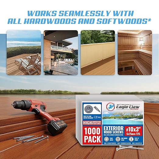 #10 x 3 Inch 316 Stainless Steel Screws Marine Grade (100 Pack, T25 Star) | Stainless Steel Wood Screws w/Driver Bit by Eagle Claw Fasteners | High Corrosion Resistance for Coastal Construction