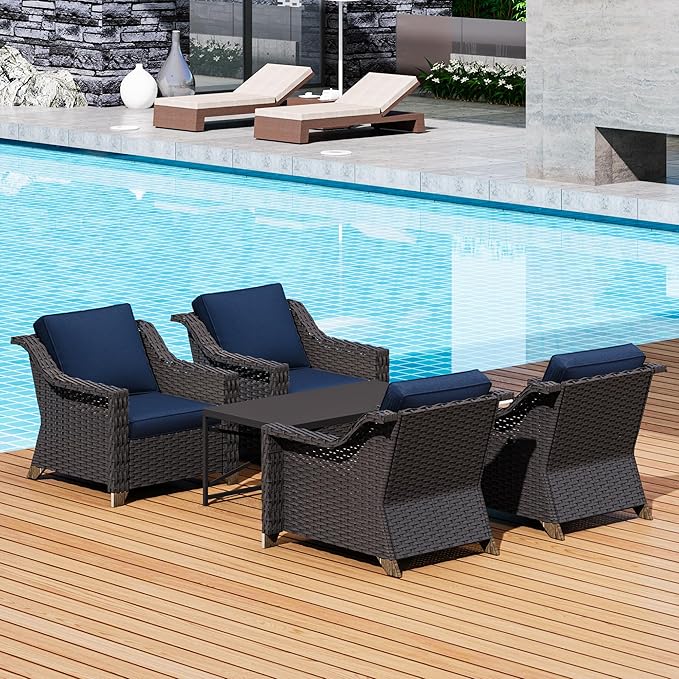 5 Pieces Outdoor Conversation Furniture Set - 4 PE Rattan Armchairs, 1 Metal Coffee Table, Patio Wicker Furniture Set with Water-Resistant Cushions for Swimming Pool, Sunroom (Navy Blue)