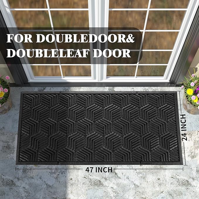 Yimobra Large Door Mat 47x24, All-Season Waterproof Outdoor Mats for Front Door Entrance with Drainage Holes, Heavy Duty Non-Slip Doormat for Garage Patio Entryway Indoor, Black