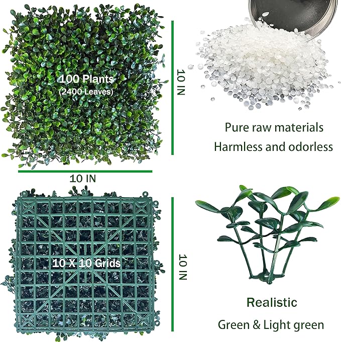 Artificial Grass Wall Panel Backdrop,10 X 10 in 24P(16.8 sqft) UV-Anti Greenery Boxwood Panels for Indoor Outdoor Green Wall Decor & Ivy Fence Covering Privacy