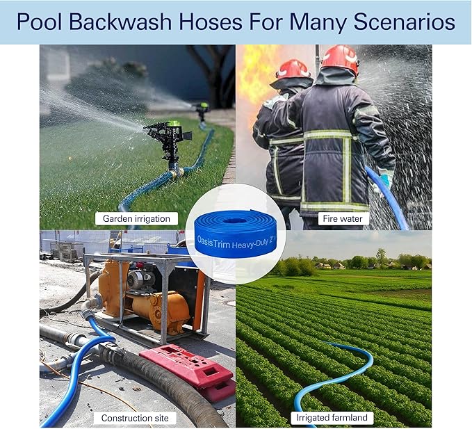 2" x 50FT Pool Backwash Hose, Heavy-Duty Pool Hose, Lay Flat Discharge Hose, Durable Burst Resistant, Pool Filter Pump Water Drainage, Sump Pump Discharge, with 2 Clamps