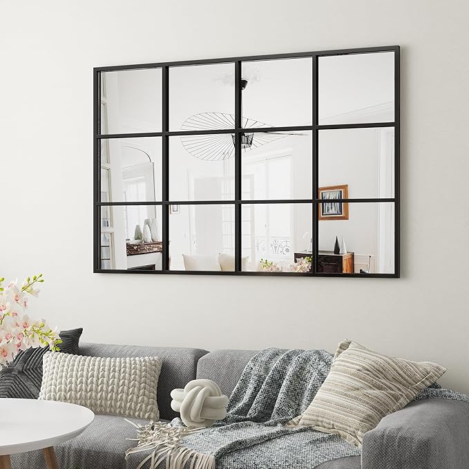 47.2" x 31.5" Window Mirror Oversize, Decorative Wall Mirror, Mirror Window for Wall Decor, Grid Metal Wall Mirror for Living Room, Bedroom, Entryway Matte Black