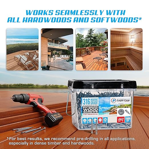 #10 x 2 1/2 Inch 316 Stainless Steel Screws Marine Grade (1500 Pack, T25 Star) | Stainless Steel Wood Screws w/Driver Bit by Eagle Claw Fasteners | High Corrosion Resistance for Coastal Construction