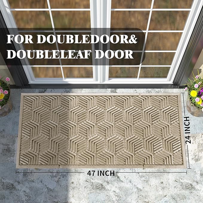 Yimobra Large Door Mat 47x24, All-Season Waterproof Outdoor Mats for Front Door Entrance with Drainage Holes, Heavy Duty Non-Slip Doormat for Garage Patio Entryway Indoor, Beige