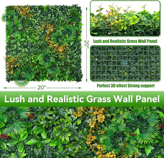 Grass Wall Panels, 20"x20" 16pcs Artificial Grass Backdrop Wall with Tropical Leaves, UV-Anti Faux Greenery Plant Boxwood Panels for Privacy Fence Screen, Green Wall Decor for Outdoor Indoor