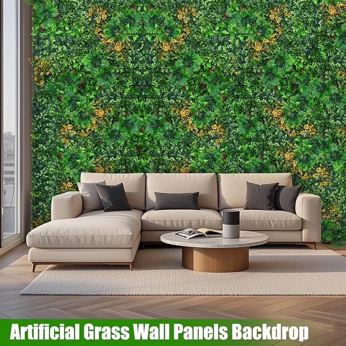 Grass Wall Panels, 20"x20" 16pcs Artificial Grass Backdrop Wall with Tropical Leaves, UV-Anti Faux Greenery Plant Boxwood Panels for Privacy Fence Screen, Green Wall Decor for Outdoor Indoor