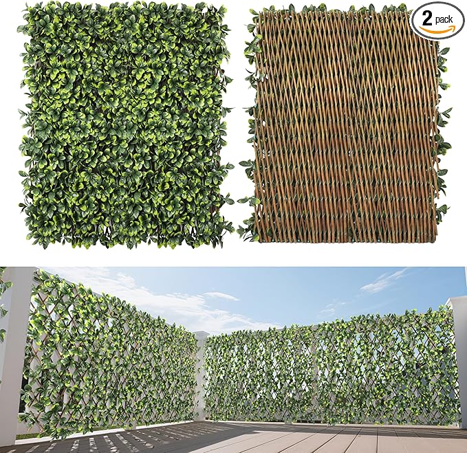 15" x 48" 2PCS Expandable Ivy Fence Privacy Screen Artificial Fences Greenery Faux Leaf Hedge Wall Decor for Balcony Wedding Backyard Indoor Outdoor, Ficus Leaves Single Side
