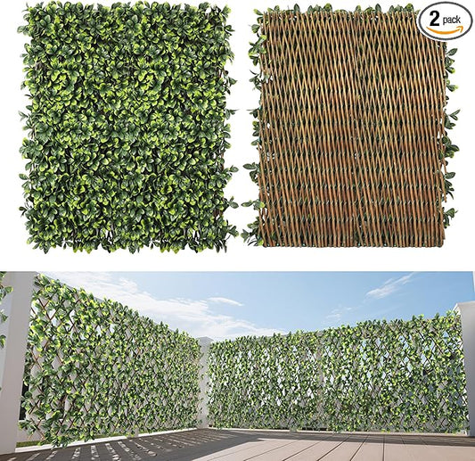 15" x 48" 2PCS Expandable Ivy Fence Privacy Screen Artificial Fences Greenery Faux Leaf Hedge Wall Decor for Balcony Wedding Backyard Indoor Outdoor, Ficus Leaves Single Side
