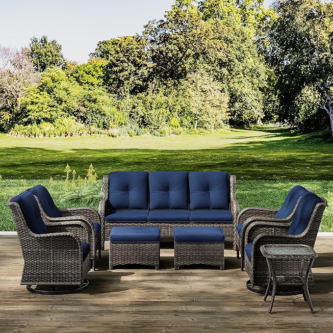 Joyside Wicker Patio Furniture Sets 8 Piece Set with 3-Seat Sofa, 2 Swivel Rocking Armchairs, 2 Armchairs, 2 Ottoman and 1 Side Table Wicker Outdoor Furniture Sectional Conversation Set, Blue