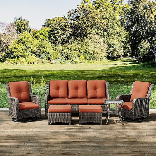 Joyside Wicker Patio Furniture Set 6 Piece Set with 1 Three-Seat Sofa, 2 Swivel Rocker Chairs, 2 Ottomans and 1 Side Table, Outdoor Furniture Patio Conversation Sets(Mixed Grey/Orange)