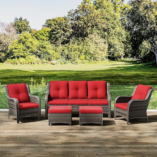 Joyside Patio Furniture Set 5-Piece Wicker Outdoor Furniture Conversational Set with 3-Seat Sofa, 2 Armchairs, 2 Ottoman Patio Rattan Wicker Sectional Sofa Set with Olefin Cushions(Mixed Grey/Red)