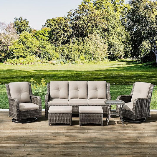 Joyside Wicker Patio Furniture Set 6 Piece Set with 1 Three-Seat Sofa, 2 Swivel Rocker Chairs, 2 Ottomans and 1 Side Table, Outdoor Furniture Patio Conversation Sets(Mixed Grey/Beige)