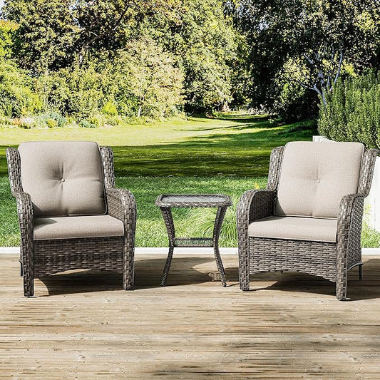 Joyside Patio Bistro Set Wicker Chairs - 3 Piece Outdoor Rattan Conversation Set with 2 Armrest Chair and 1 Side Table for Proch Deck Garden Backyard Balcony(Mixed Grey/Beige)